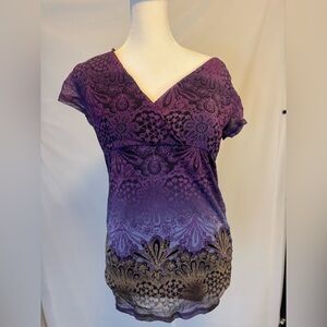 Liz Wear size MED purple black gold pattern w sheer pedal sleeves